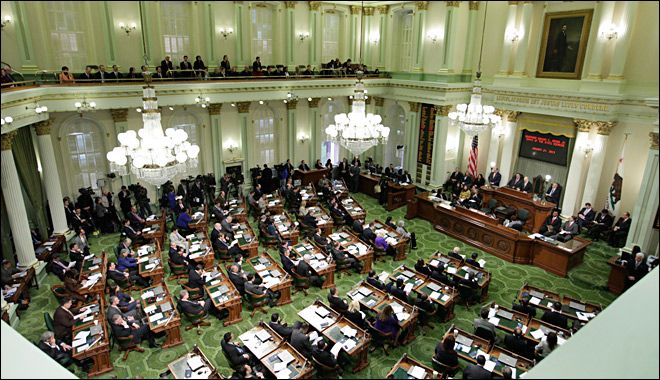 FILE -- In this Jan. 23, 2013 file photo, Gov. Jerry Brown gives his State of the State address before a joint session of the Legislature at the Capitol in Sacramento, Calif. State Sen. Lois Wolk, D-Davis and Assemblywoman Kristin Olsen, R-Modesto, have proposed indentical bills that would require all legislation to be in print and online 72 hours before it can come to a vote. Both bills would be constitutional amendments and would have to be approved by the voters. (AP Photo/Rich Pedroncelli)