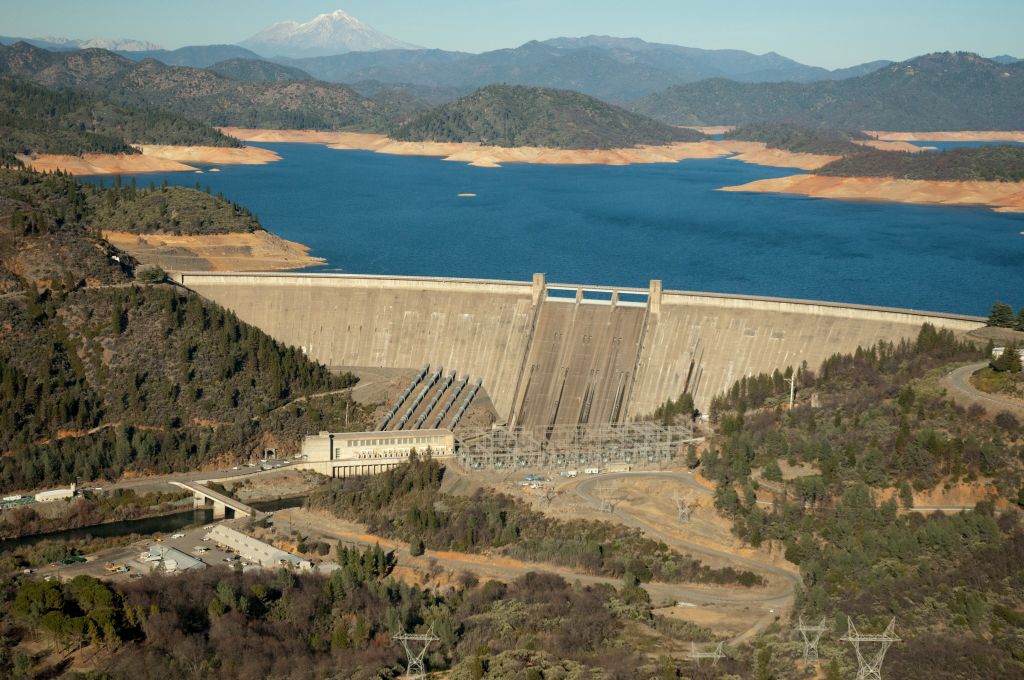 Aerial view of Lake Shasta & dam with low water.