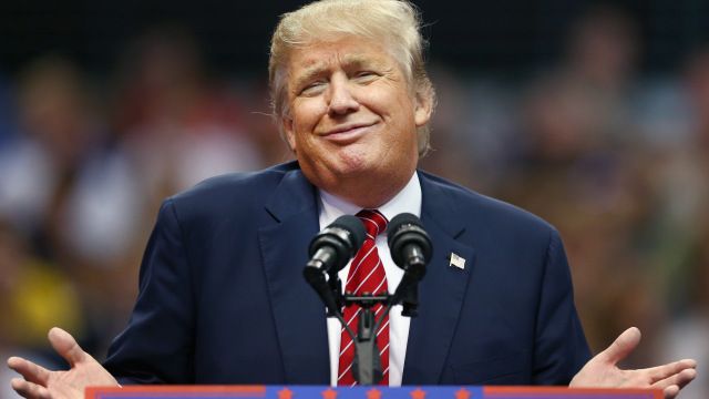 DALLAS, TX - SEPTEMBER 14:  Republican presidential candidate Donald Trump speaks during a campaign rally at the American Airlines Center on September 14, 2015 in Dallas, Texas. More than 20,000 tickets have been distributed for the event.  (Photo by Tom Pennington/Getty Images)